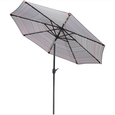 9' Awning Stripe Aluminum Market Umbrella with Solar LED Lights