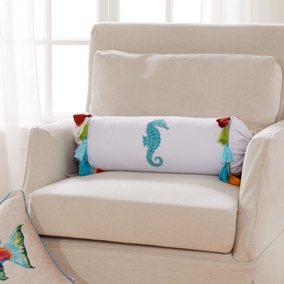 Teal and Cream Embroidered Seahorse Cylinder Throw Pillow