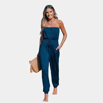CUPSHE Women's Plunge Halter Sleeveless Pleated Long Romper Knit Jogger  Maxi Jumpsuit with Pockets, Blue, Small : : Clothing, Shoes &  Accessories
