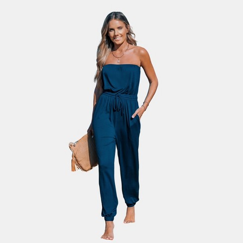 Women's Tube & Tie Tapered Jumpsuit - Cupshe-S-Blue