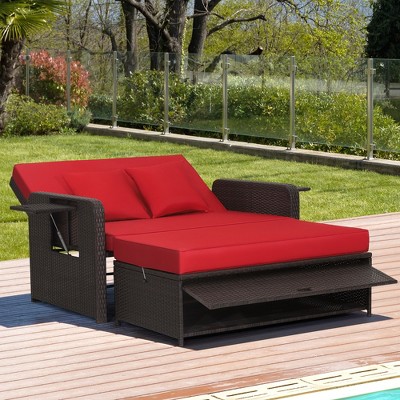 Red Adjustable Rattan Loveseat with Multifunctional Ottoman