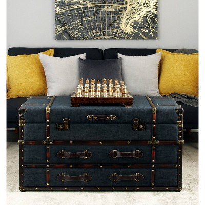 Dark Blue Linen Upholstered Trunk Coffee Table with Storage