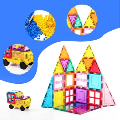 PicassoTiles 61-Piece Multicolor Magnetic Building Blocks Set with Car Base