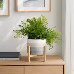 Ceramic Planter with Stand - Ceramic Pot with Pine Wood Base - Modern Decorative Plant Holder for Home & Garden; 8x8x9 inch, Ivory & Tan - 1 of 4