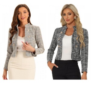 INSPIRE CHIC Women's Tweed Stand Collar Business Open Front Cropped Jacket 2 Packs - 1 of 4