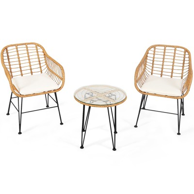 Tangkula 3 Pieces Patio Furniture Set w/Tempered Glass Coffee Table Set for Garden and Backyard White/Red/Turquoise/Grey/Black Cushions