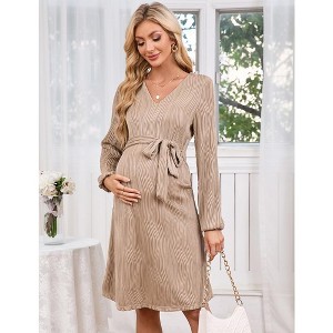 WhizMax Women Maternity Dress Rib Knit V Neck Lantern Long Sleeve Pregnancy Dresses with belt for Baby Shower Photoshoot - 1 of 4