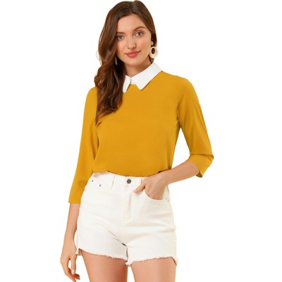 INSPIRE CHIC Women's 3/4 Sleeves Contrast Collar Blouse Tops