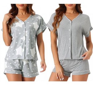 cheibear Women's Modal Button Up Short Sleeve T-shirt and Shorts Pajama Sets 2 Pcs - 1 of 4