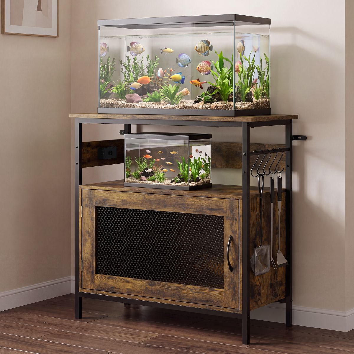Aquarium Stand with Power Outlet, Aquarium Stand with Storage Cabinet Hooks, 380 Lbs Capacity Reptile Terrarium Stand for Home Office Living Room - thumbnail 8