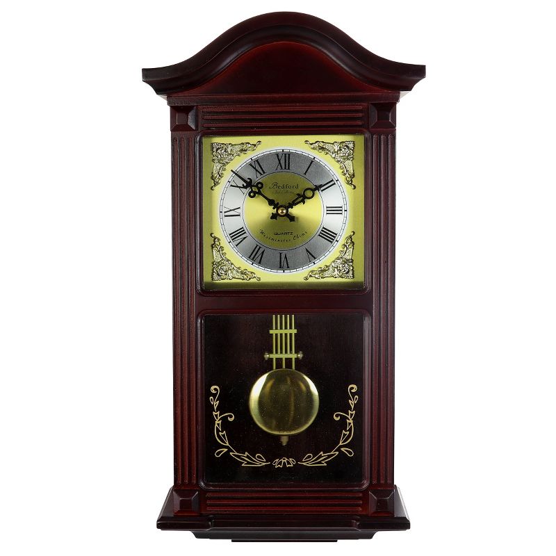 Bedford Clock Collection 22 Inch Wall Clock in Mahogany Cherry Oak Wood with Brass Pendulum and 4 Chimes, 4 of 6