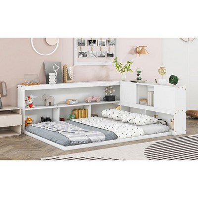 NicBex Full Toddler Floor Bed with L-Shaped Bookcases and Sliding Door,Montessori Floor Bed for Kids/Boys/Girls,Montessori Bed without Slats,White