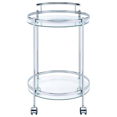 Modern Glam Silver Chrome Round Bar Cart with Tempered Glass Shelves