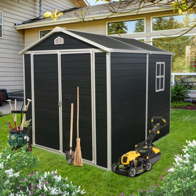 Outdoor Resin Storage Shed with Floor, Weather-Resistant Tools Shed with Pad-Lockable Double Doors, Windows and Air Vents, Sloping Roof Design