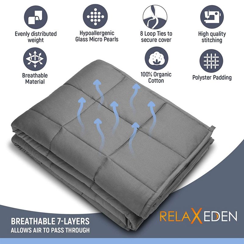 RELAX EDEN Adult Breathable Cotton Weighted Blanket with Grey Duvet Cover, 60 by 80 Inch, 20 Pounds, Made with Polyester and Glass Beads, Grey, 5 of 7
