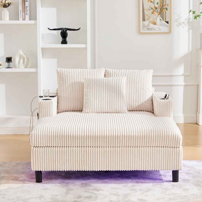 Oversized Recliner Sofa with 3 Pillows and Side Pocket, Single Sofa with USB and RGB LED Lights, Corduroy Sofa with Wood Frame-Coolbibila