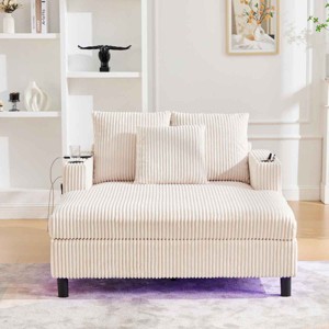 Oversized Recliner Sofa with 3 Pillows and Side Pocket, Single Sofa with USB and RGB LED Lights, Corduroy Sofa with Wood Frame-Coolbibila - 1 of 4
