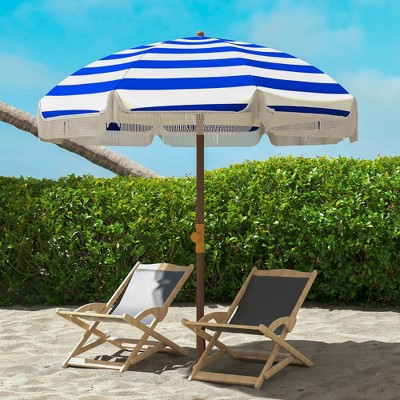 6.2' Blue and White Striped Beach Umbrella with Ruffles