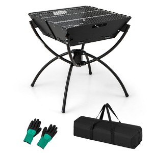 Tangkula Camping Fire Pit w/Cooking Grills Lightweight Portable Campfire Grill w/ Carrying Bag & Gloves 3-In-1 Stainless Steel Wood Burning Coffee/Silver - 1 of 4