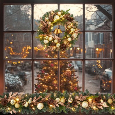 Prelit 24 Inch Christmas Wreath with Christmas Balls, Artificial Christmas Wreath with Pine Cones, Bows for Wall, Window, Front Door Decor