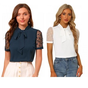 INSPIRE CHIC Women's Bow Tie V Neck Stand Collar Short Mesh Sleeve Blouse 2 Packs - 1 of 4