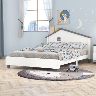 KTMBDW Twin/Full Size Platform Bed Frame, Twin Size Bed with House-shaped Headboard, No Box Spring Needed
