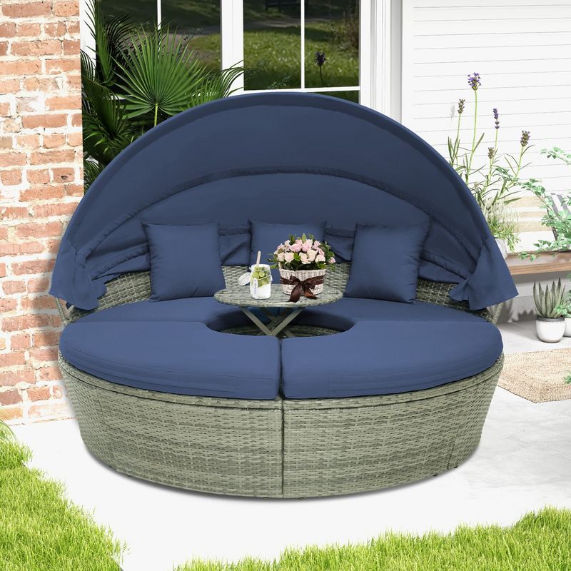 Costway Patio Rattan Daybed Outdoor Sectional Seating with Side Table & Retractable Canopy, 1 of 11
