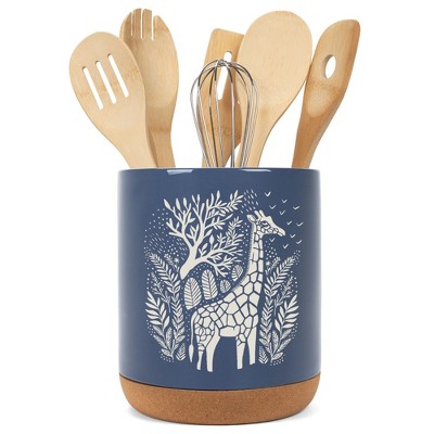 Elanze Designs Kitchen Utensil Holder With Non Slip Cork Base Large 8 Inch Ceramic Storage Crock Safari Animal Countertop Organizer Giraffe Navy Blue