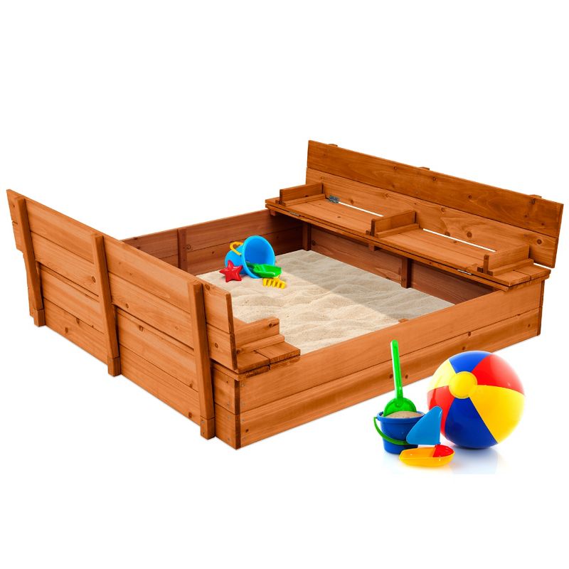 Best Choice Products 47x47-Inch Kids Wooden Outdoor Sandbox w/ 2 Foldable Bench Seats, Sand Protection, Liner - Brown, 1 of 9