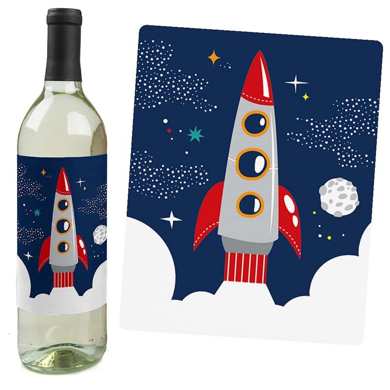 Big Dot of Happiness Blast Off to Outer Space - Rocket Ship Baby Shower Birthday Party Decor for Women & Men - Wine Bottle Label Stickers - Set of 4, 5 of 9