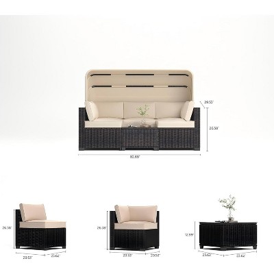 Dimensions diagram of the 6-piece outdoor daybed set showing sofa, chairs and table dimensions