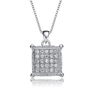White gold plated necklace with cubic zirconia square pave pendant, featuring a chic and elegant design for a sophisticated look - 1 of 3