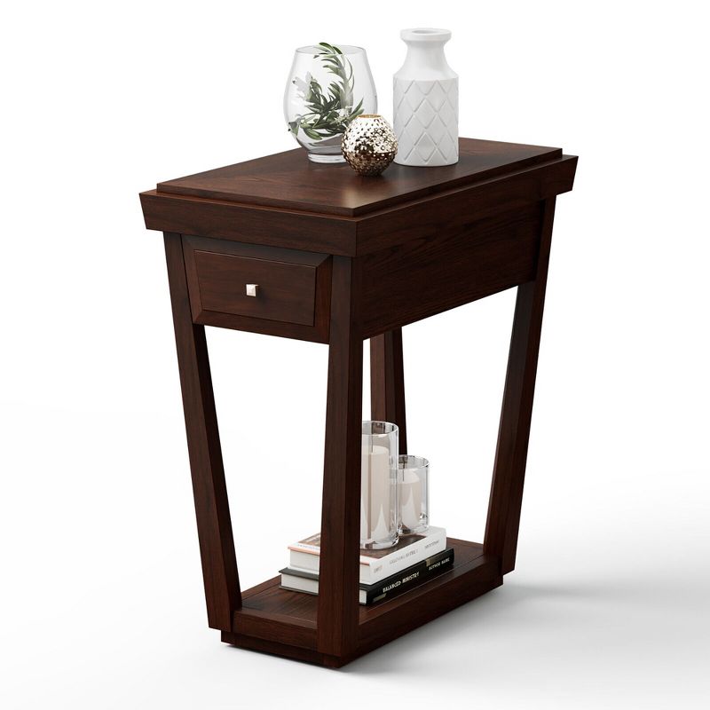 Tangkula 2 Tier End Side Table Nightstand with Drawer Shelf Rubber Wood Classic Espresso, 1 of 11