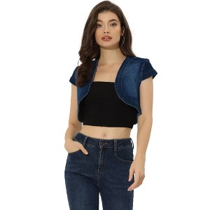 INSPIRE CHIC Women's Casual Cap Sleeve Open Front Crop Denim Shrugs - 1 of 4