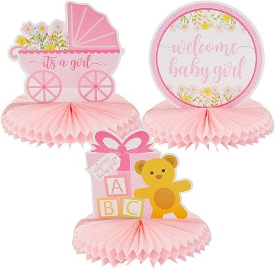 6 Pack (2 of Each) Baby Shower Table Honeycomb Decorations for Girls, 3 Assorted Design, Pink, 8.25 x 7.5 inches