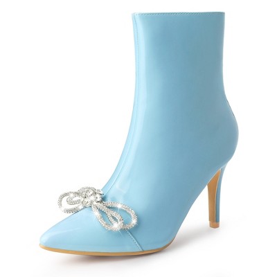 Perphy Women's Bow Rhinestone Pointy Toe Stiletto Heels Ankle Boots