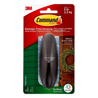 Command 1 Hook 2 Strips Large Sized Outdoor Designer Hook with Foam Strips Metallic Bronze