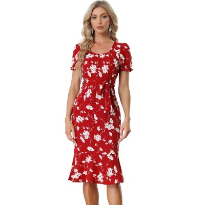 Allegra K Women's Floral Scoop Neck Ruffle Hem Fishtail Midi Dress