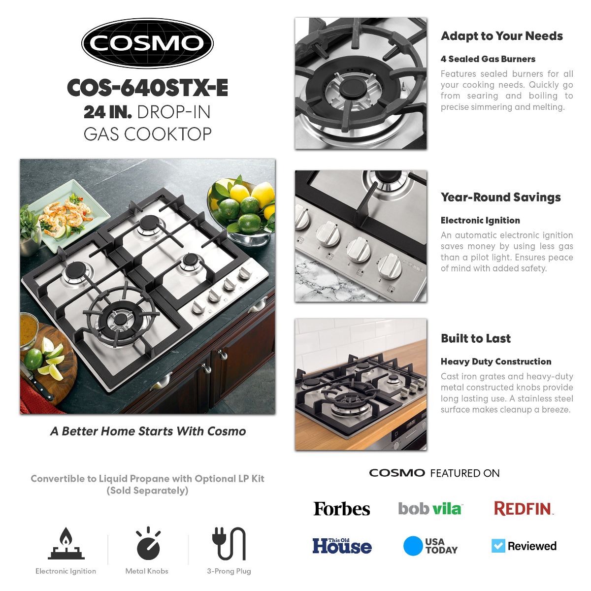 Cosmo COS-640STX-E 24 in. Gas Cooktop in Stainless Steel with 4 Sealed Burners - thumbnail 3