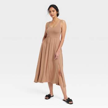 Women's Knit Plisse Midi Shift Dress - A New Day™ Brown S : Target