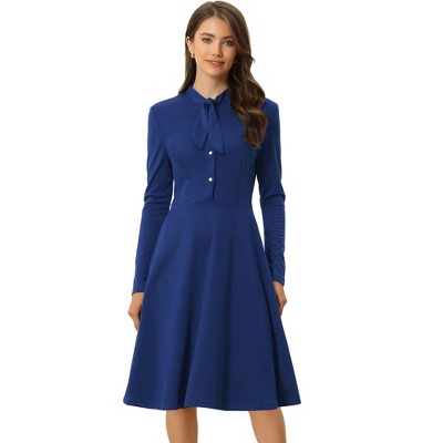 Allegra K Women's Work Sheath Tie Neck Knit Long Sleeve Midi Dress