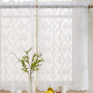 HLC.ME Isabella Floral Rod Pocket Lace Semi Sheer Voile Short Cafe Tiers for Small Windows - 1 of 4