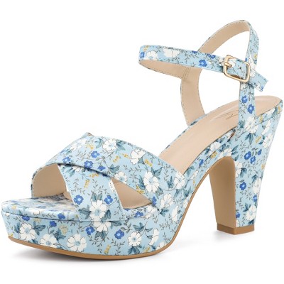 Perphy Women's Floral Platform Slingback Chunky High Heels Sandals Blue ...