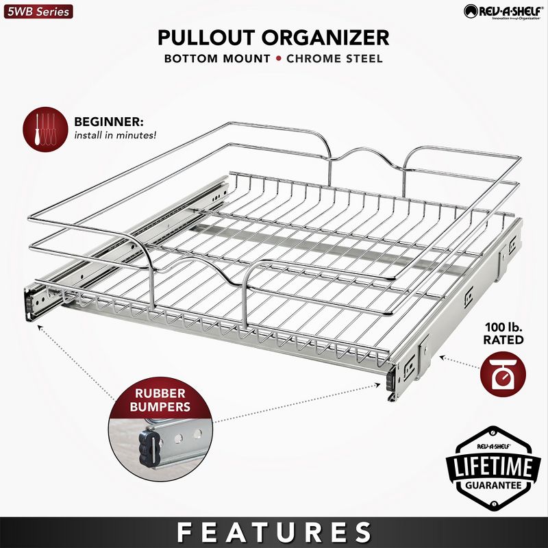 Rev-A-Shelf 5WB1-0918 Single Wire Basket Pull Out Shelf Storage Organizer for Kitchen Base Cabinets, Silver, 4 of 8