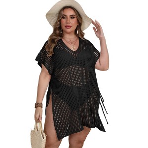 Coolmee Womens Plus Size Swimsuit Coverup Drawstring Bathing Suit Cover Up Crochet Swimwear Beach Cover Ups Black