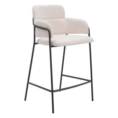HomeRoots Set of Two 26" Cream and Black Faux Shearling and Steel Counter Height Bar Chairs