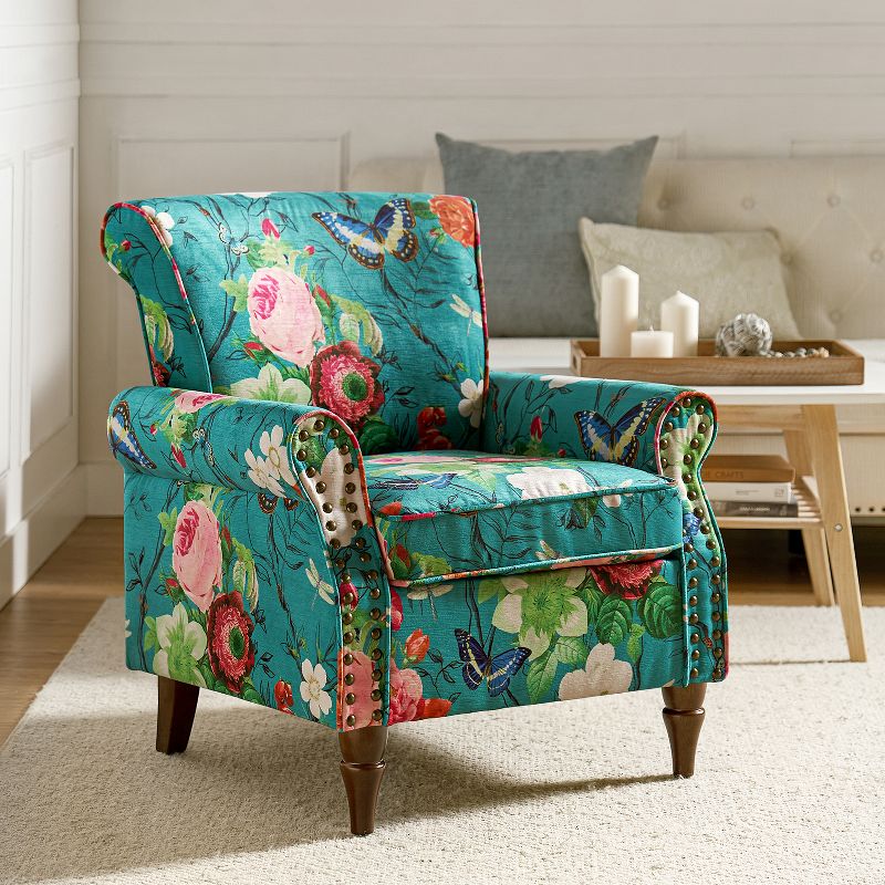 Araceli Traditional Wooden Upholstered Floral Armchair with Wingback and Nailhead Trim | ARTFUL LIVING DESIGN, 2 of 11