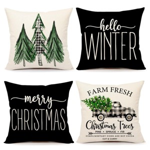 Gray Black Christmas Pillow Covers 18x18 Set of 4 Farmhouse Xmas Decorations Merry Christmas Tree Truck Hello Winter - 1 of 3