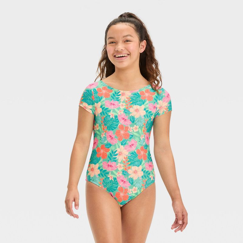 Girls&#39; Tropical Vacay Floral Printed One Piece Rash Guard Swimsuit - art class&#8482;, 1 of 5