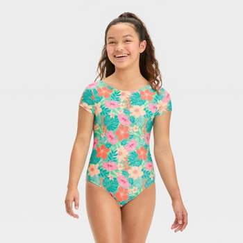 Girls' Tropical Vacay Floral Printed One Piece Rash Guard Swimsuit - art class™